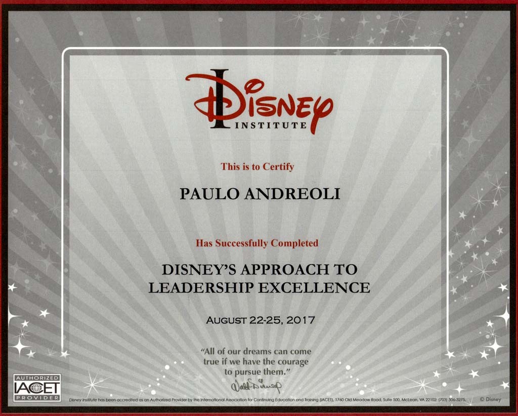 Diploma do curso de Liderança do Disney Institute