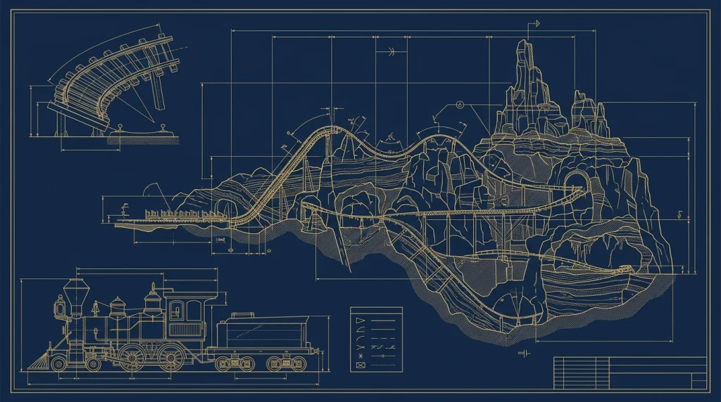 Perfil de elevação de trilhos e corte geológico da montanha-russa Big Thunder Mountain Railroad