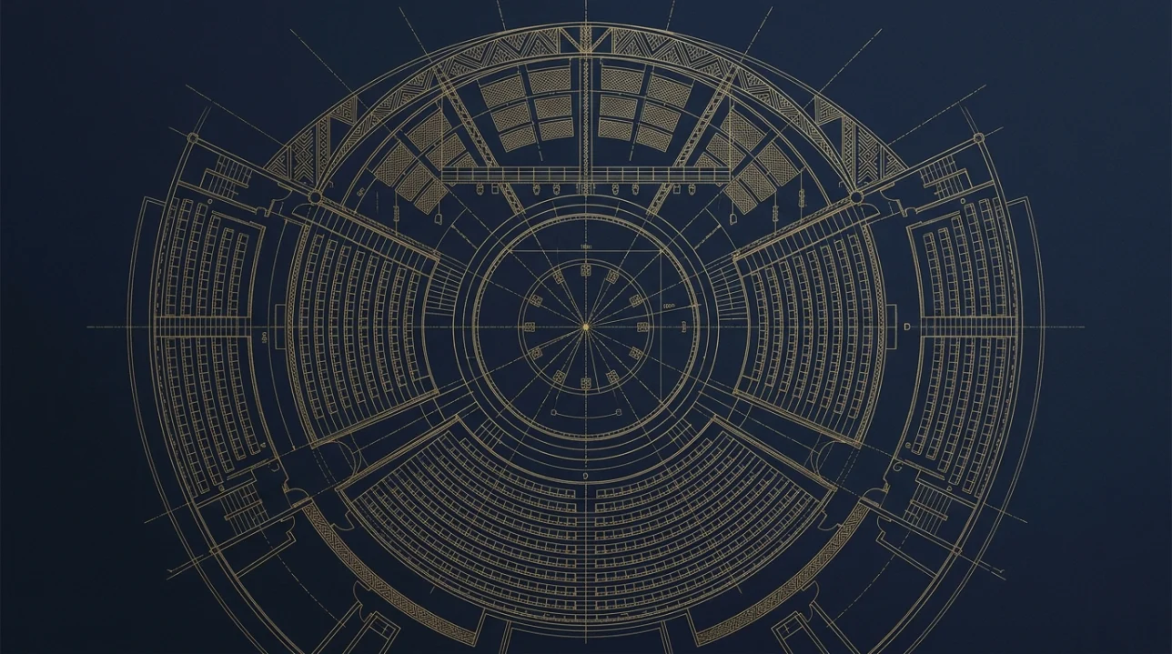 Blueprint arquitetônico da planta circular de arena do Harambe Theatre no Festival of the Lion King no Disney Animal Kingdom