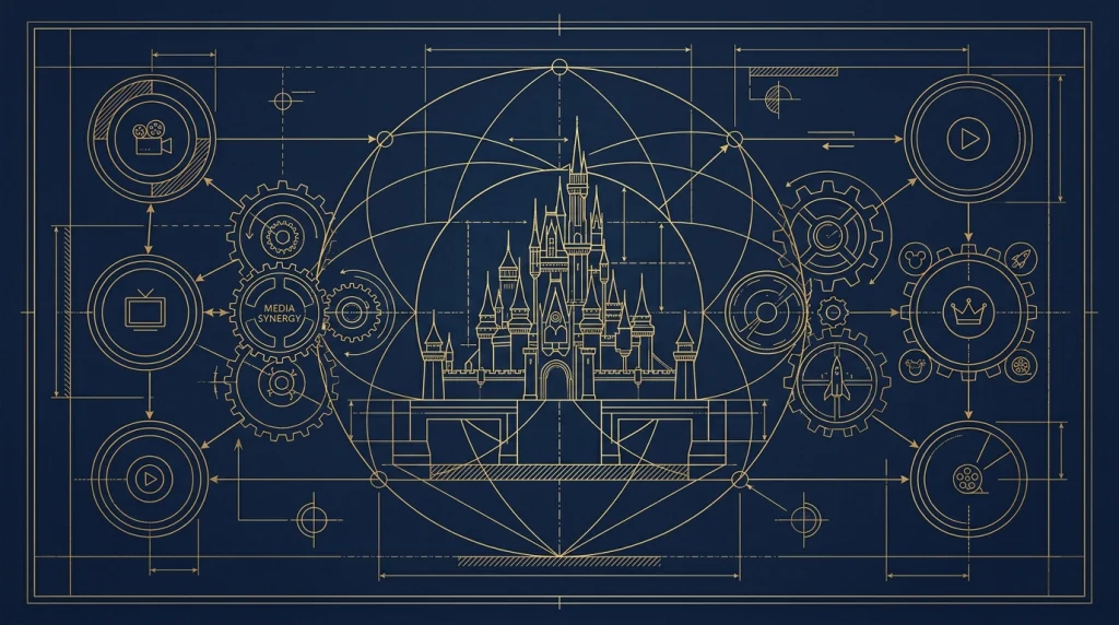 Blueprint arquitetônico e diagramático do ecossistema de licenciamento e sinergia de marca da The Walt Disney Company