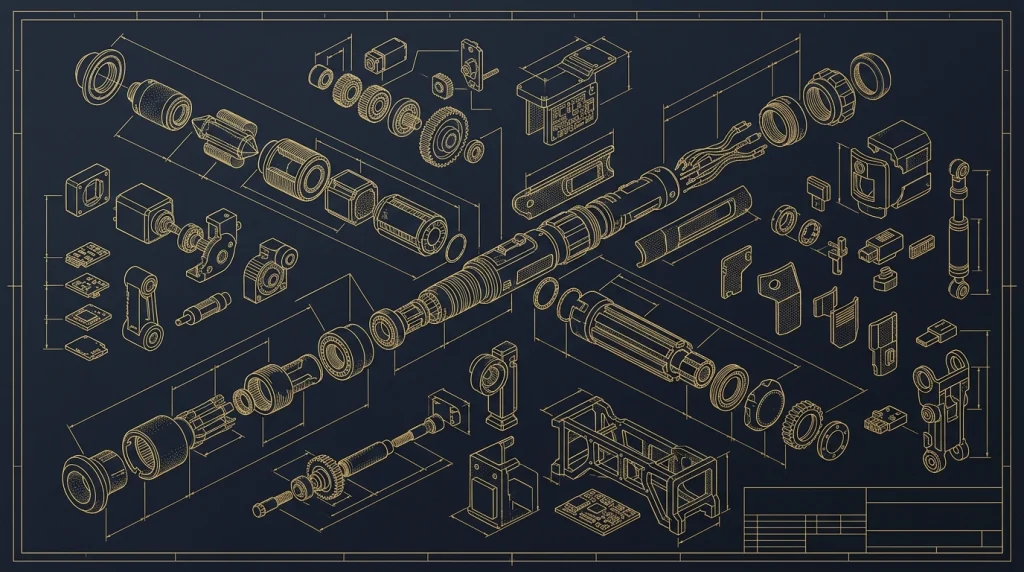 Blueprint técnico com visão explodida de engenharia de sabre de luz e partes mecânicas de droide em Savi's Workshop