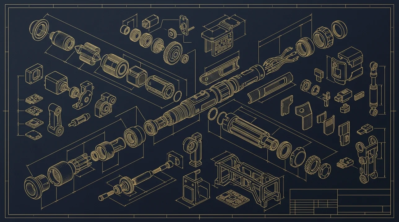 Blueprint técnico com visão explodida de engenharia de sabre de luz e partes mecânicas de droide em Savi's Workshop