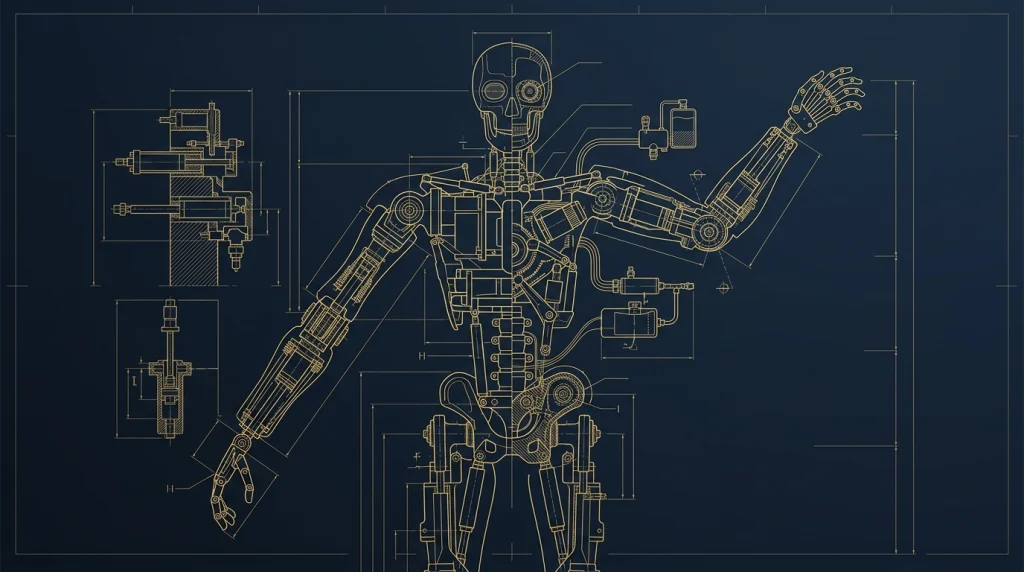 Esquemático técnico blueprint da evolução biomecânica e robótica dos Audio-Animatronics Disney