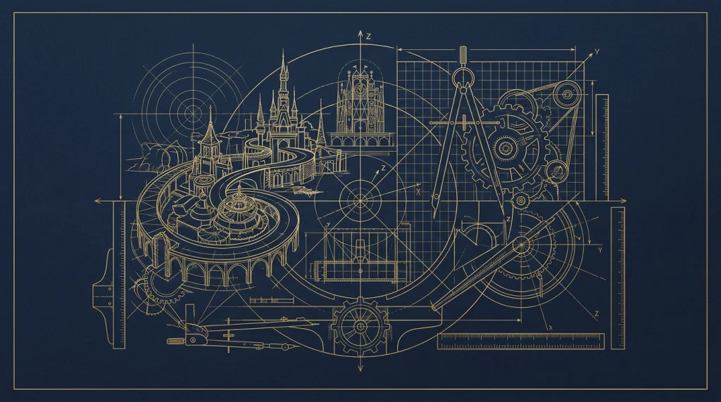 Prancha blueprint celebrando a união de arquitetura artística e engenharia mecânica da Disney Imagineering