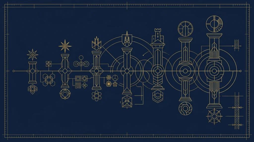 Diagrama cronológico blueprint dos pilares de governança corporativa e eras de liderança da Disney