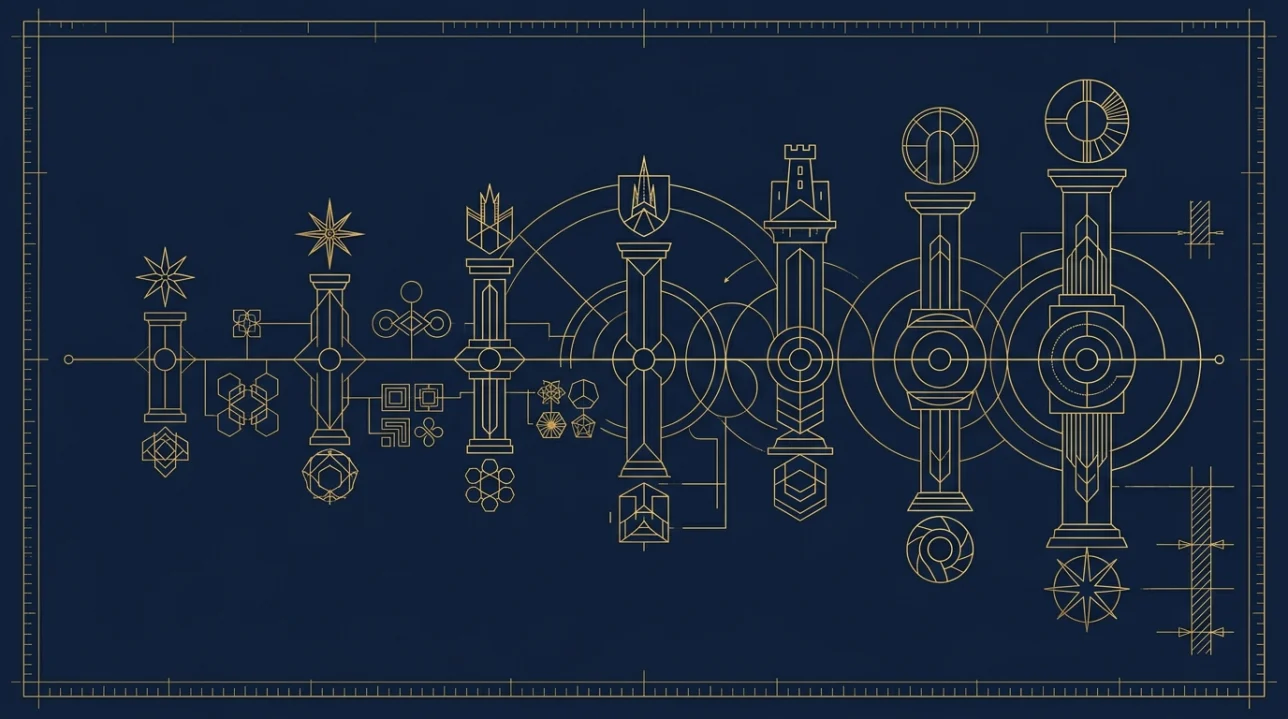 Diagrama cronológico blueprint dos pilares de governança corporativa e eras de liderança da Disney