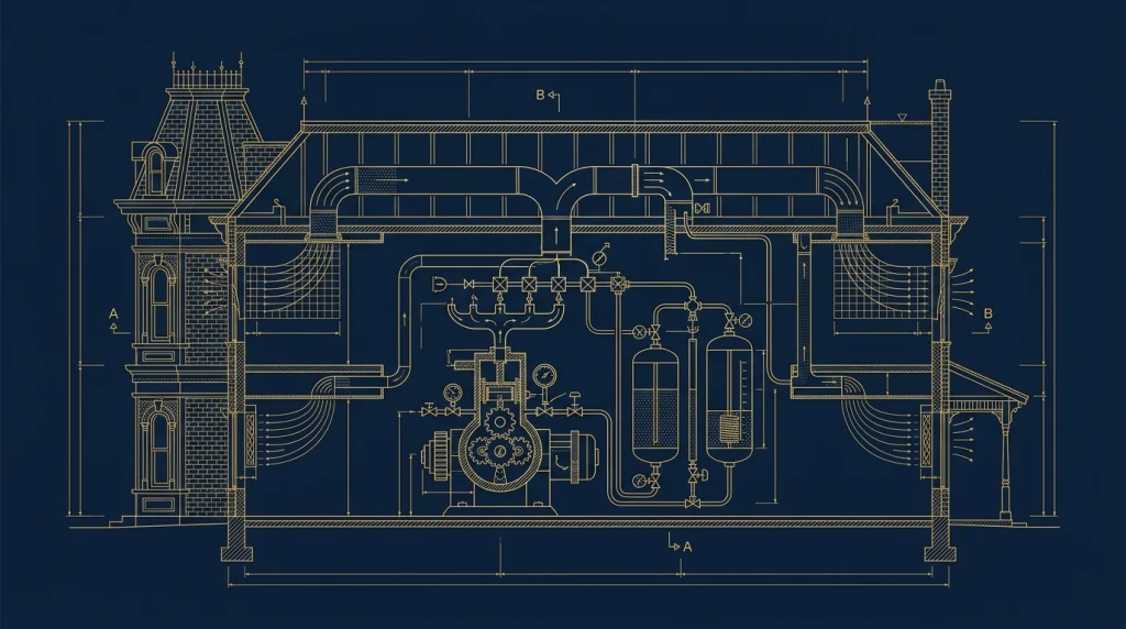 Corte técnico blueprint dos sistemas de ventilação e maquinário de difusão de aroma Smellitizers da Disney