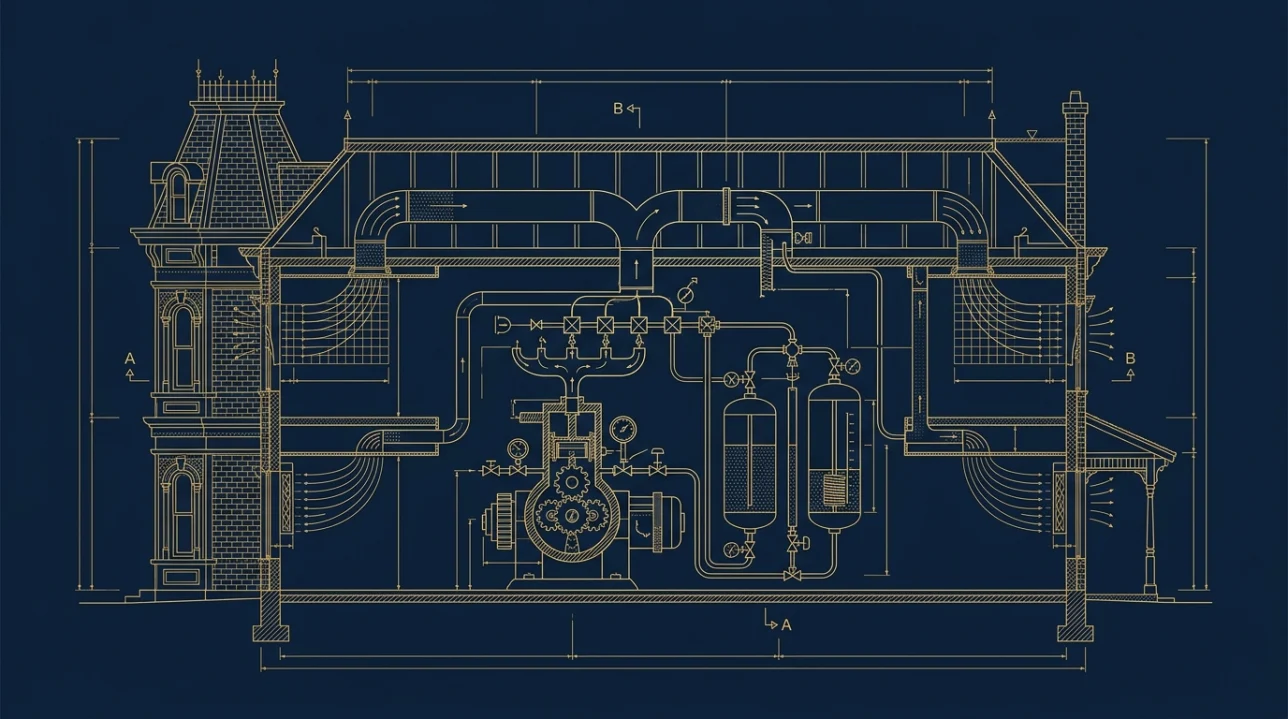 Corte técnico blueprint dos sistemas de ventilação e maquinário de difusão de aroma Smellitizers da Disney