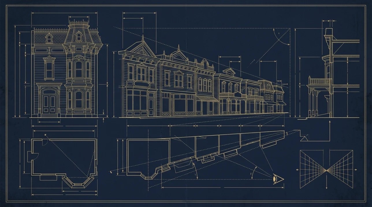 Esquemático blueprint de perspectiva forçada e proporções arquitetônicas nos parques Disney